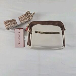 Foxlover Crossbody Bag NWT Cream Brown Colorblock Double Zip Gold Hardware